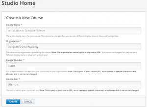 Fill in required fields for the new course